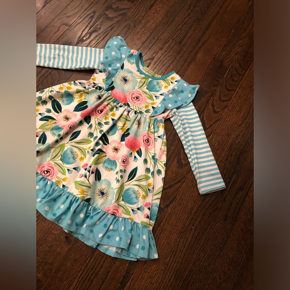 Millie Loves Lily Girls 4 Blue/Pink Floral Striped Long-Sleeved Ruffled Dress - Picture 2 of 10